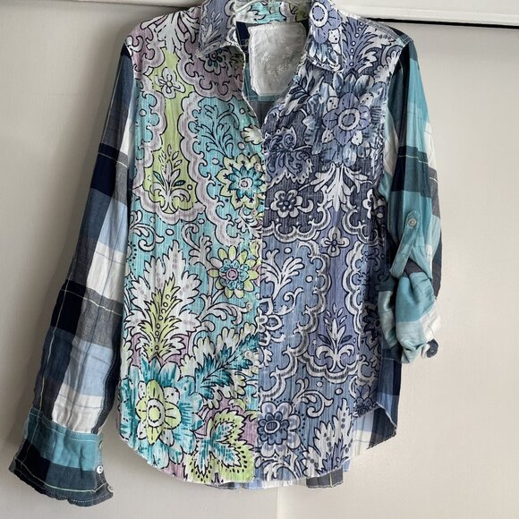 Cino SUNDANCE Floral Plaid Mixed Print Button Down Top Size S Blue Cotton - Picture 16 of 16